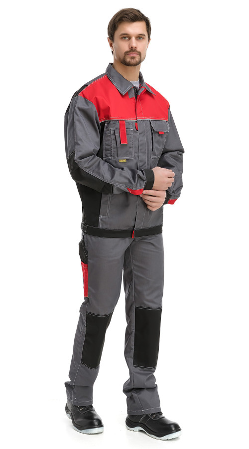 Костюм "МЕГА" куртка/полукомбинезон, цвет: Т.СЕРЫЙ/ЧЕРНЫЙ/КРАСНЫЙ